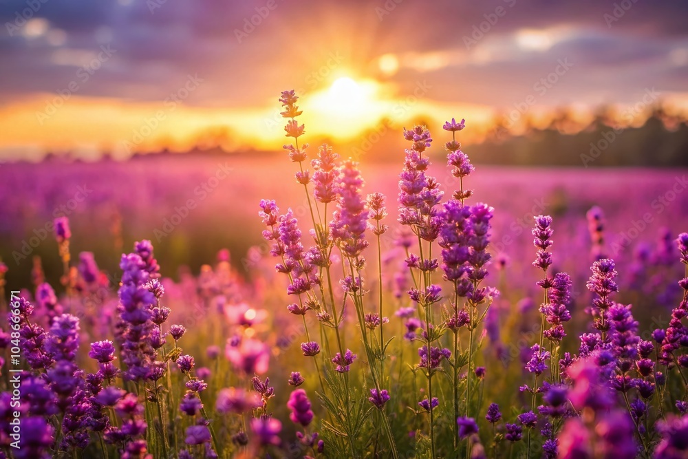 Fototapeta premium Serene Field of Purple Flowers in Tranquil Nature for Artistic Inspiration and Food Photography