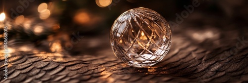 An elegant glass bauble resting on a textured surface, catching light beautifully, adding a touch of luxury to holiday decor