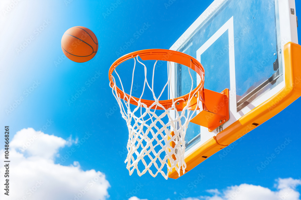 A basketball arcs toward the hoop in a bright, sunny scene full of athletic energy and excitement A basketball arcs toward the hoop in a bright, sunny scene full of athletic energy and excitement