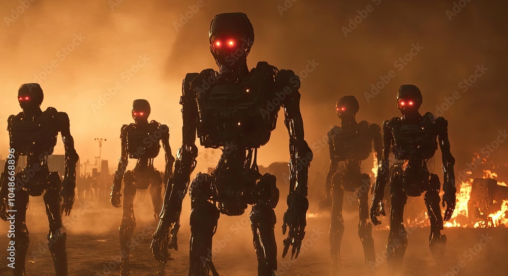 A group of large, scary robots with glowing eyes standing in formation on the battlefield. Dust and smoke billow behind them A group of large, scary robots with glowing eyes standing in formation on the battlefield. Dust and smoke billow behind them