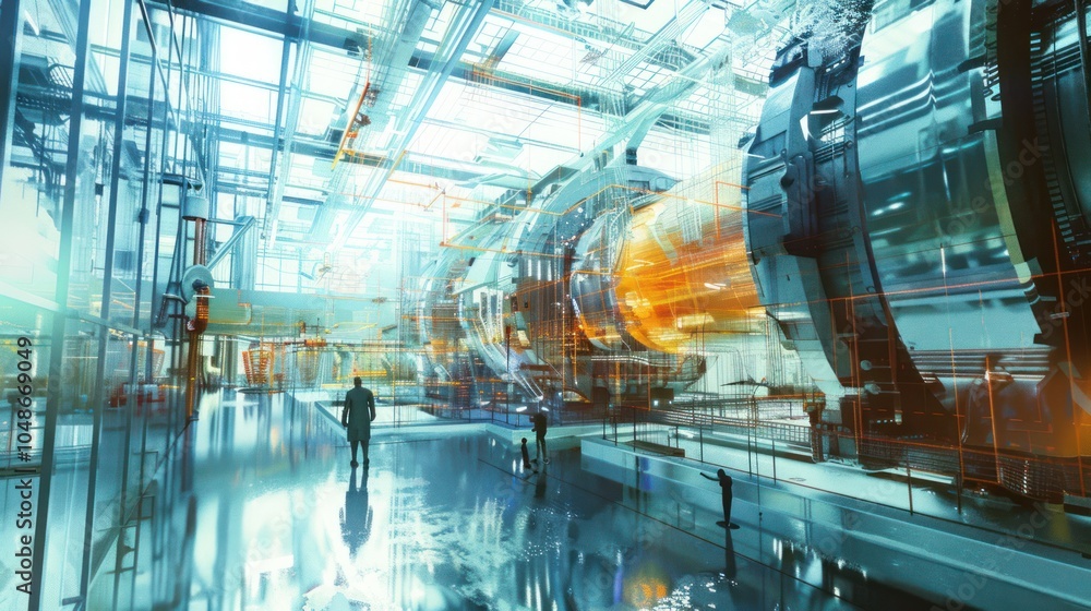 A lone figure stands in a futuristic, glass-enclosed factory. A lone figure stands in a futuristic, glass-enclosed factory.