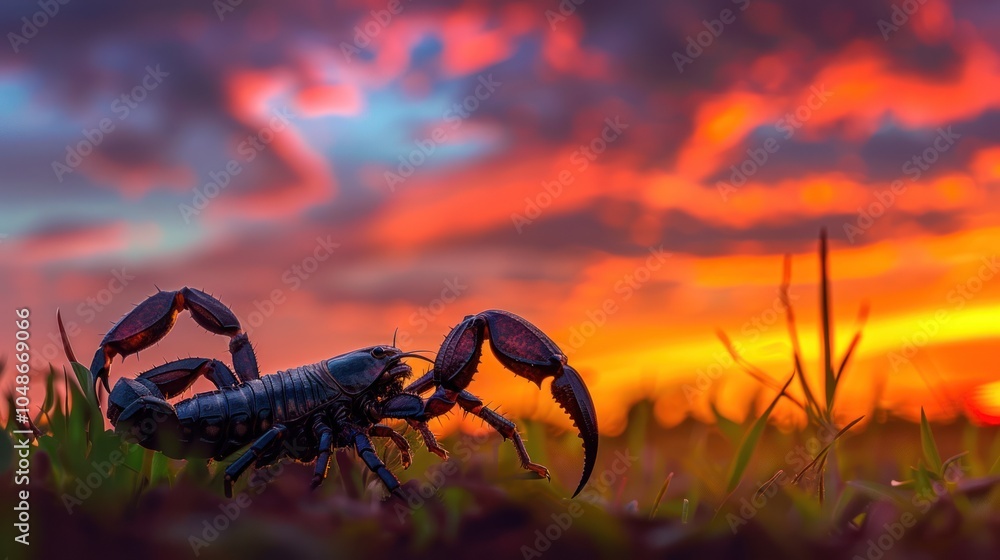 A Close-Up of a Black Scorpion Against a Dramatic Sunset A Close-Up of a Black Scorpion Against a Dramatic Sunset