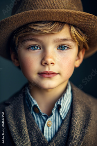 A young boy with blue eyes and blonde hair wearing a brown hat and a blue and white striped shirt