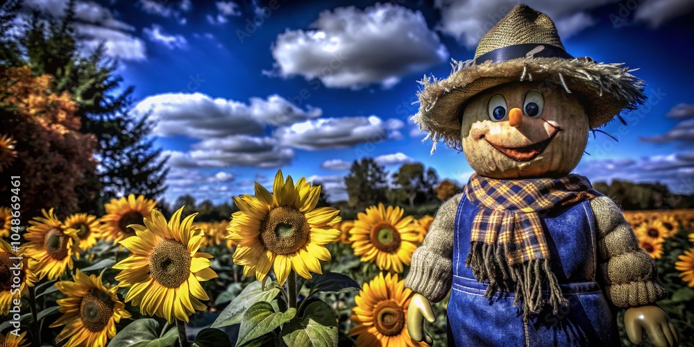 Fototapeta premium Smiling Scarecrow in Sunflower and Pumpkin Patch - Charming Fall Landscape Photography