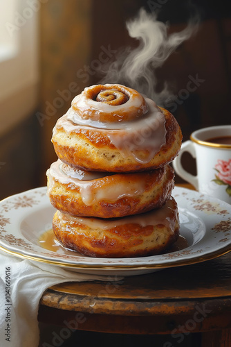 A stack of three glazed doughnuts with icing dripping off, sitting on a white plate with a gold rim, on a wooden table photo