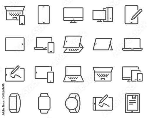 A set of personal devices icons in a linear style, including smartphones, tablets, laptops, smart watches and graphic tablets with a pen.