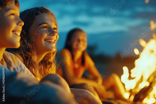 Gathering of a Paleolithic Tribe Around a Lively Bonfire for Warmth and Storytelling at Dusk photo