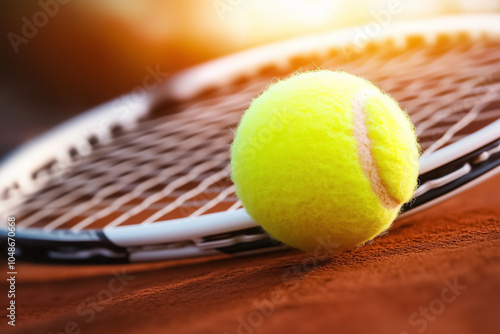 A bright yellow tennis ball strikes a racket's strings, showcasing the essence of energetic gameplay on a sunny court