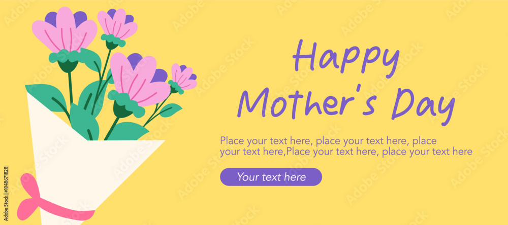 Fototapeta premium Happy Mothers Day, Womens Day and birthday card simple illustration with flowers, bouquet, hand drawn floral art on yellow background for horizontal posters, web banners, covers, and social media