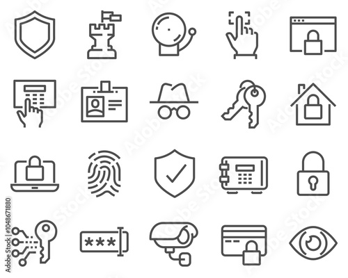 Simple security vector line icon set. Contains icons such as fingerprint, electronic key, spy, password, alarm clock and more. Editable stroke.