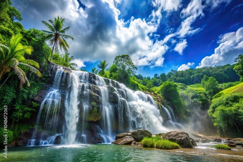 Tropical waterfall with blue sky and white clouds viewed from a tilted angle