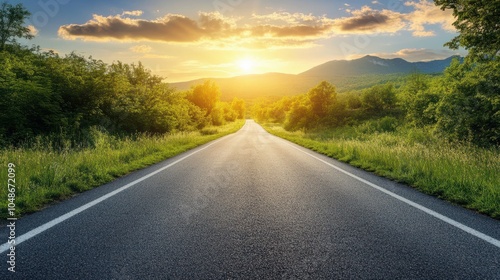 Empty long mountain road to the horizon on a sunny summer day at bright sunset