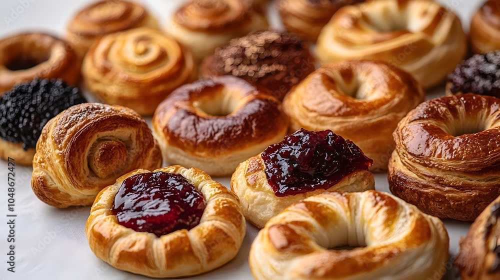 Tantalizing Assortment of Flaky Puff Pastries,Jam-Filled Danishes,and Freshly Baked Bagels on Pristine White Surface Tantalizing Assortment of Flaky Puff Pastries,Jam-Filled Danishes,and Freshly Baked Bagels on Pristine White Surface