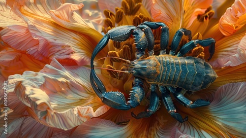 A Vibrant Blue Scorpion Resting Within a Flower photo