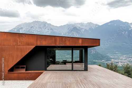 Modern house with brown exterior walls, wooden terrace, and glass windows overlooking the mountains