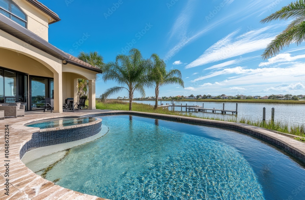 Fototapeta premium a beautiful modern home with a large pool, patio area, overlooking the water in Palm Beach, Florida, during the daytime with a blue sky