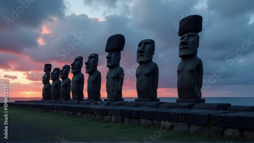 Row of moai statues at dusk with a colorful sky, creating a serene view
