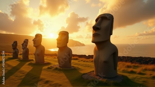 Moai statues at sunrise with warm light and soft clouds in the background