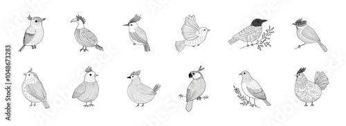 A set of black and white outline illustrations of various wild birds. A collection of different drawn birds isolated on white. AI-generated clip art