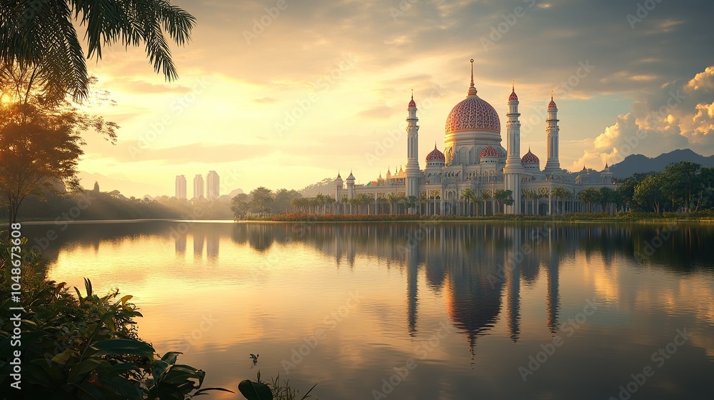 Mosque Reflection in a Calm Lake at Sunrise Mosque Reflection in a Calm Lake at Sunrise