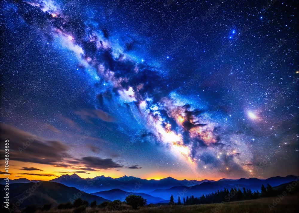 Fototapeta premium Stunning Blue Night Sky with Bright Milky Way and Stars - Captivating Galaxy Photography for Night Lovers