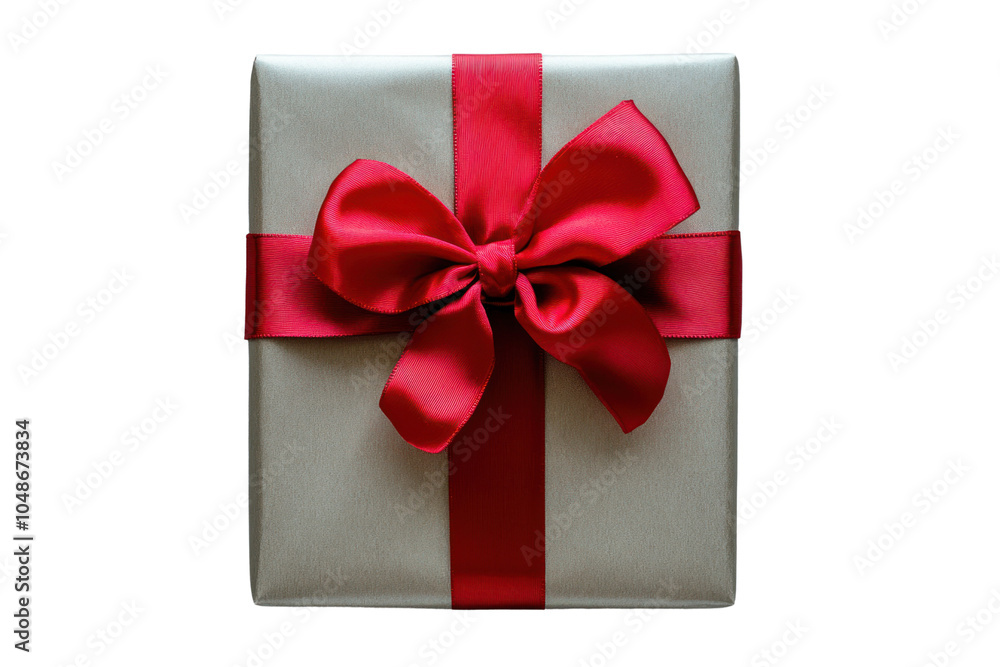 A neatly wrapped gift box with a shiny red bow, viewed from above on a light grey surface. The contrast between the vibrant bow and the muted background creates a visually appealing composition, A neatly wrapped gift box with a shiny red bow, viewed from above on a light grey surface. The contrast between the vibrant bow and the muted background creates a visually appealing composition,