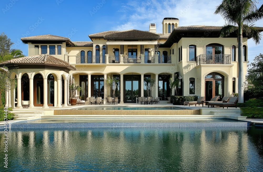 Fototapeta premium a classic colonial house with a blue and white color scheme, a large front porch, a two-story home, stone accents on the exterior walls