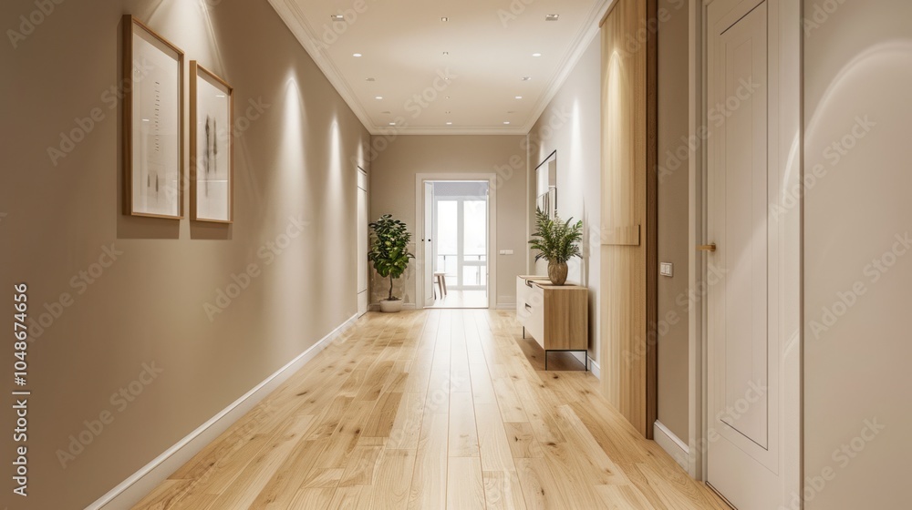 Obraz premium Modern Hallway with Wooden Floors and Minimalist Decor