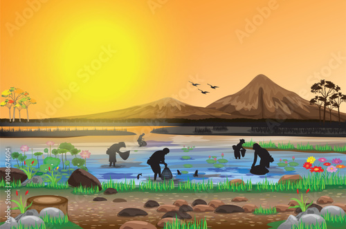 Silhouette of villagers catching fish in a pond.vector design