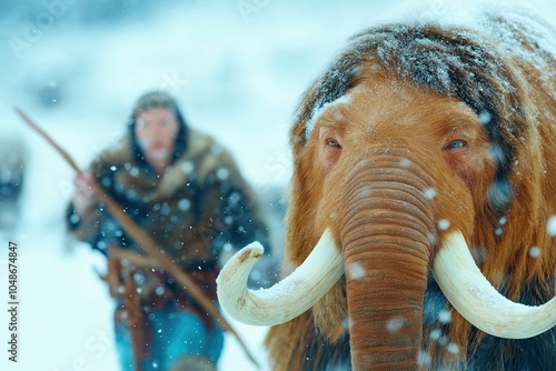 Paleolithic Hunters Brave the Snowy Tundra in Pursuit of a Woolly Mammoth on a Chilly Day photo