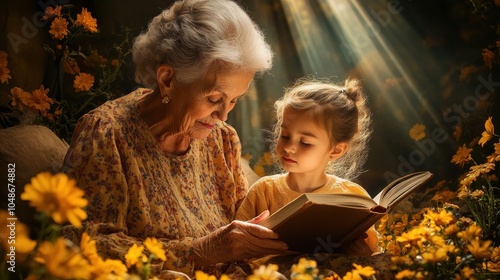 Great Grandma and Great Granddaughter Sharing Joyful Moments realding a book photo