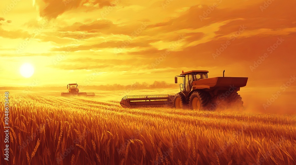 Fototapeta premium Combine harvester and tractor working together in a golden wheat field during harvest season, showcasing the beauty of agricultural machinery and the bounty of rural farming life