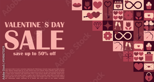 Valentines day Sale banner, flyer with symbols of holiday and love on geometric background. Romantic advertise of discounts and invitation for shopping. Vector illustration
