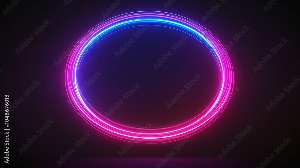3D render, neon light circle frame on a black background. Abstract, futuristic glowing lines in the shape of a ring or portal. Neon pink and blue colors. 3D render, neon light circle frame on a black background. Abstract, futuristic glowing lines in the shape of a ring or portal. Neon pink and blue colors.