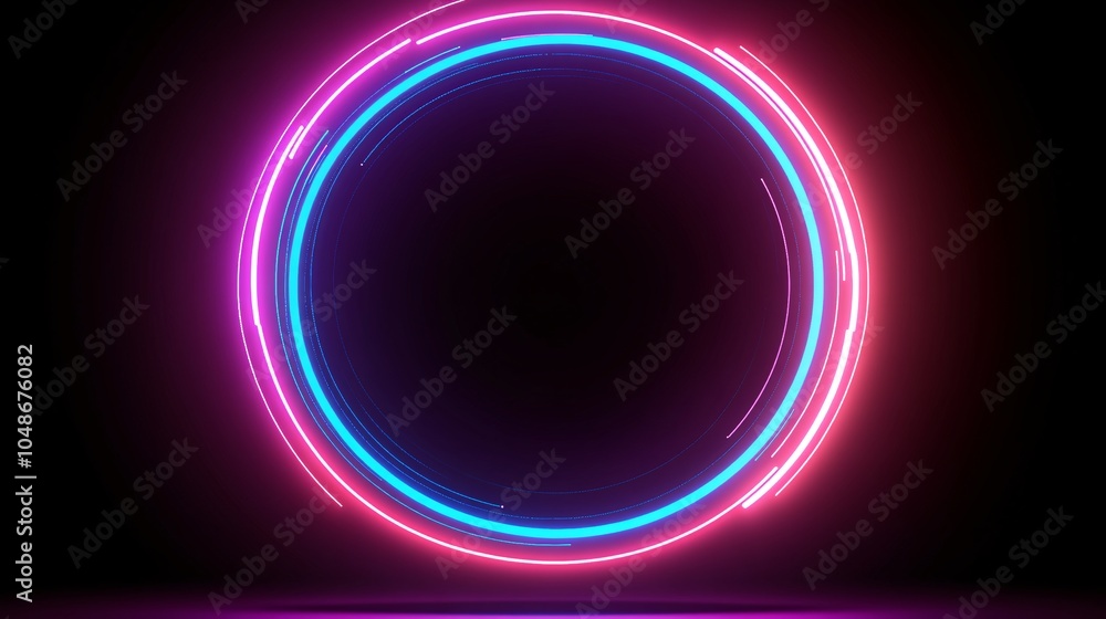 3D render, neon light circle frame on a black background. Abstract, futuristic glowing lines in the shape of a ring or portal. Neon pink and blue colors. 3D render, neon light circle frame on a black background. Abstract, futuristic glowing lines in the shape of a ring or portal. Neon pink and blue colors.