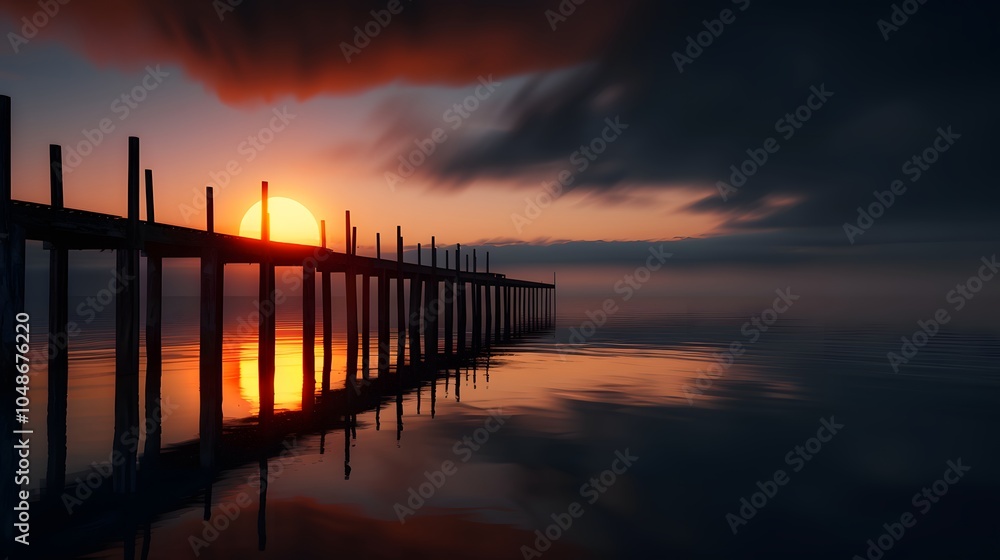 Fototapeta premium Silhouette of Pier at Sunset with Beautiful Reflections