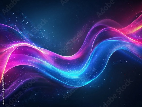 Dynamic abstract waves with bright pink and blue hues in a cosmic backdrop