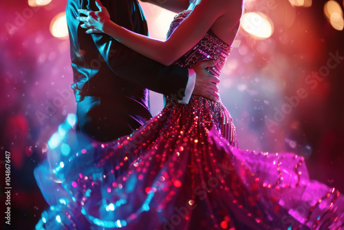 A close-up of a dancing couple in formal attire, with a woman in a sparkling red dress and a man in a tuxedo. The background is a blur of colorful lights, creating a romantic and festive atmosphere