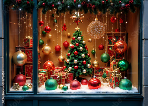 Colorful Christmas ornaments adorn the wall behind a large window display.