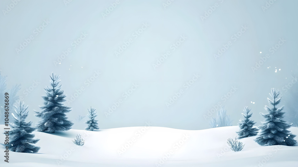 Fototapeta premium A snowy winter landscape featuring a decorated Christmas tree among fir trees, with a clear blue sky and frost-covered ground