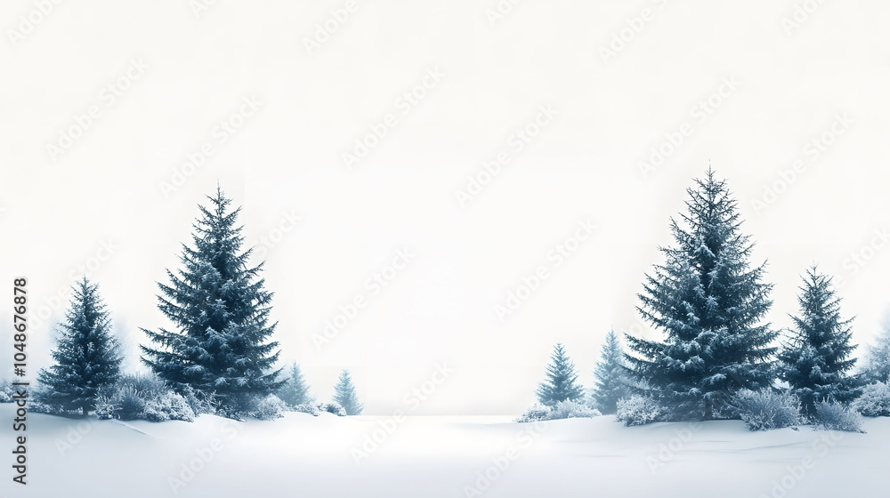 Fototapeta premium A snowy winter landscape featuring a decorated Christmas tree among fir trees, with a clear blue sky and frost-covered ground