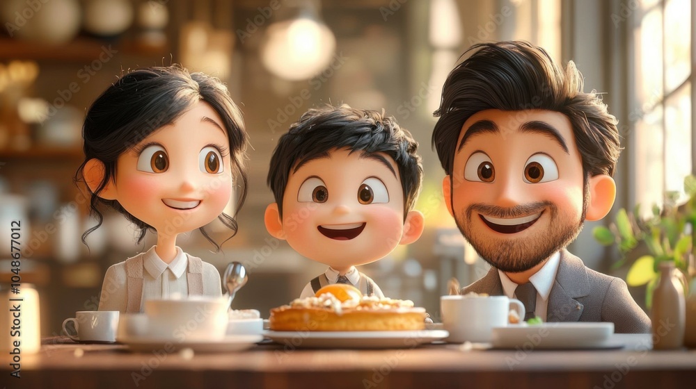 A cheerful family enjoys a cozy breakfast together, featuring pancakes and a warm atmosphere in a beautifully lit kitchen. A cheerful family enjoys a cozy breakfast together, featuring pancakes and a warm atmosphere in a beautifully lit kitchen.
