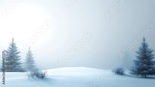 A snowy winter landscape featuring a decorated Christmas tree among fir trees, with a clear blue sky and frost-covered ground