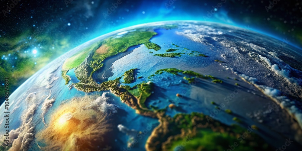 Fototapeta premium Stunning Tilt-Shift View of Earth from Space with Vibrant Blues, Greens, and Cloud Formations for Space Enthusiasts