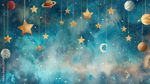A whimsical pattern of stars and planets hanging from strings