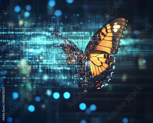 Digital Butterfly Emerging from Screen Symbolizing Technology Transformation and Power photo