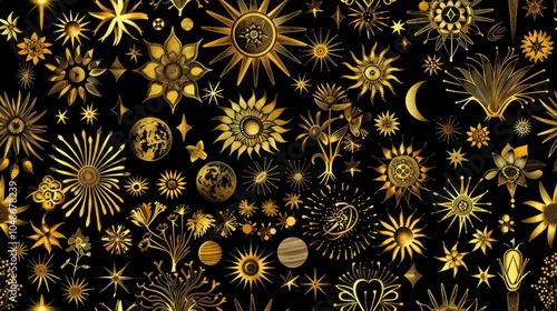 An elegant pattern of celestial symbols, stars, and moons 