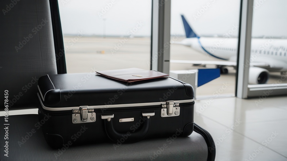 Fototapeta premium The scene captures a professional briefcase and documents, symbolizing business travel at an airport.