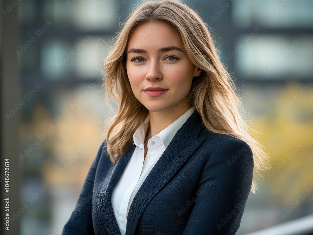 dynamic portrait of a young businesswoman in a tailored suit, exuding confidence and approachability, standing against the backdrop of an urban office environment, ready to take on challenges dynamic portrait of a young businesswoman in a tailored suit, exuding confidence and approachability, standing against the backdrop of an urban office environment, ready to take on challenges