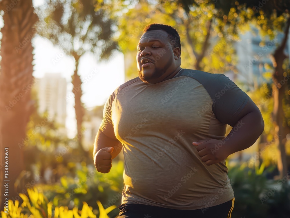 Obraz premium dynamic scene of an overweight man energetically running, determined expression on his face, sweat glistening, amidst a vibrant city park, emphasizing health and fitness transformation